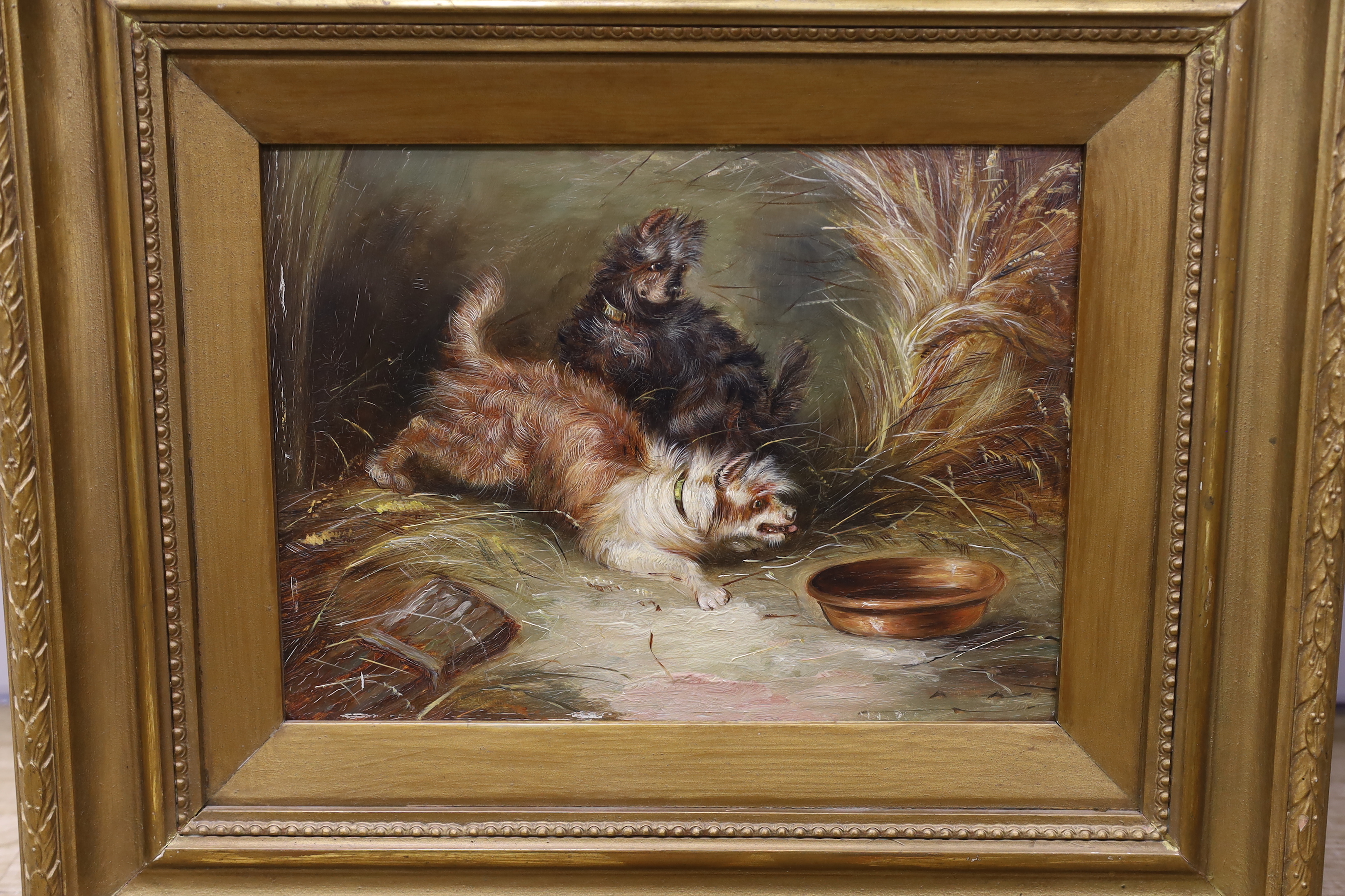 20th century School, pair of oils on board, 'Cairn terriers before landscapes', unsigned, each 22 x 29cm, ornate gilt framed